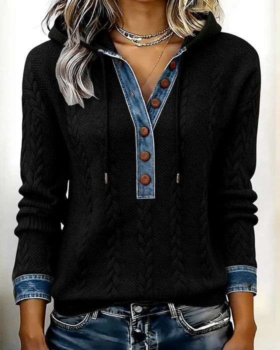 Sophie™ | Knit Hoodie with Denim Contrast