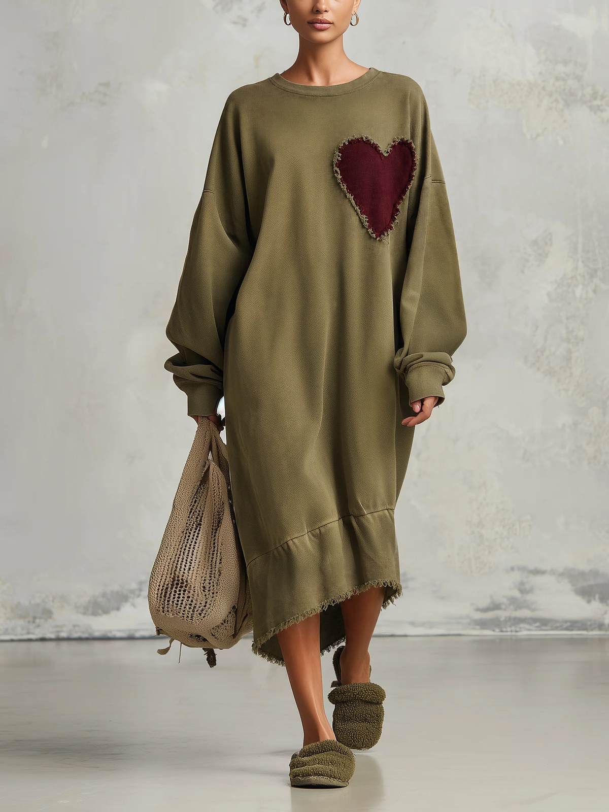 Women’s Oversized Olive Heart Patch Sweatshirt Dress – Relaxed Casual Midi Dress