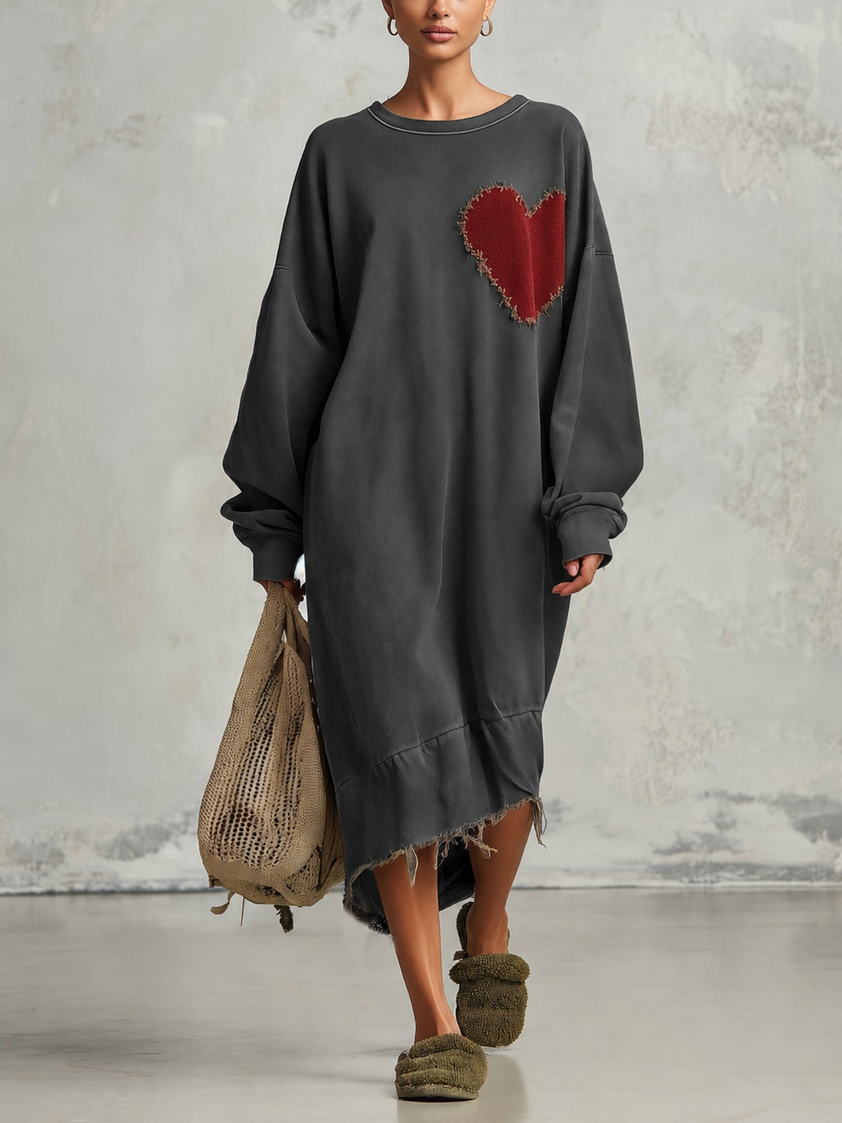 Women’s Oversized Olive Heart Patch Sweatshirt Dress – Relaxed Casual Midi Dress