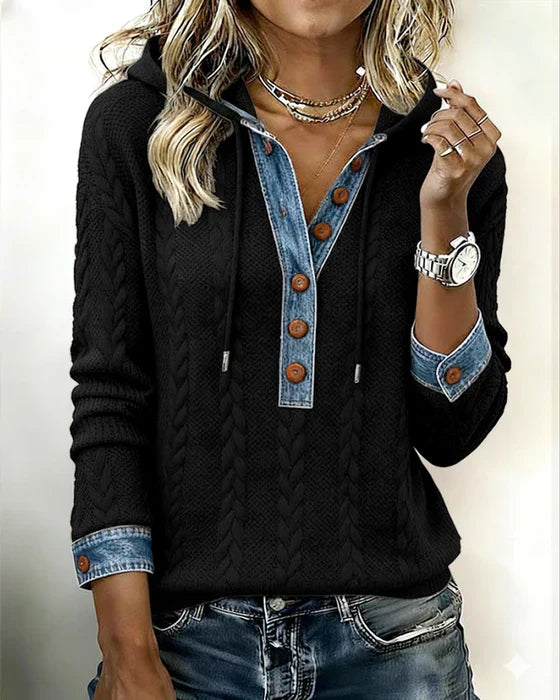 Sophie™ | Knit Hoodie with Denim Contrast