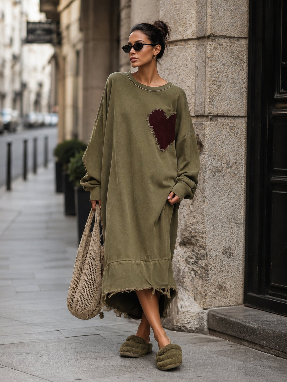 Women’s Oversized Olive Heart Patch Sweatshirt Dress – Relaxed Casual Midi Dress