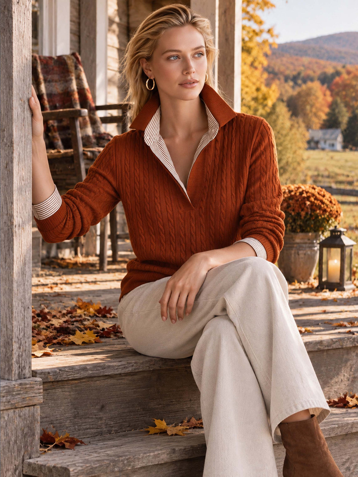 Brown Cable‑Knit Collared Fake‑Layer Pullover Sweater