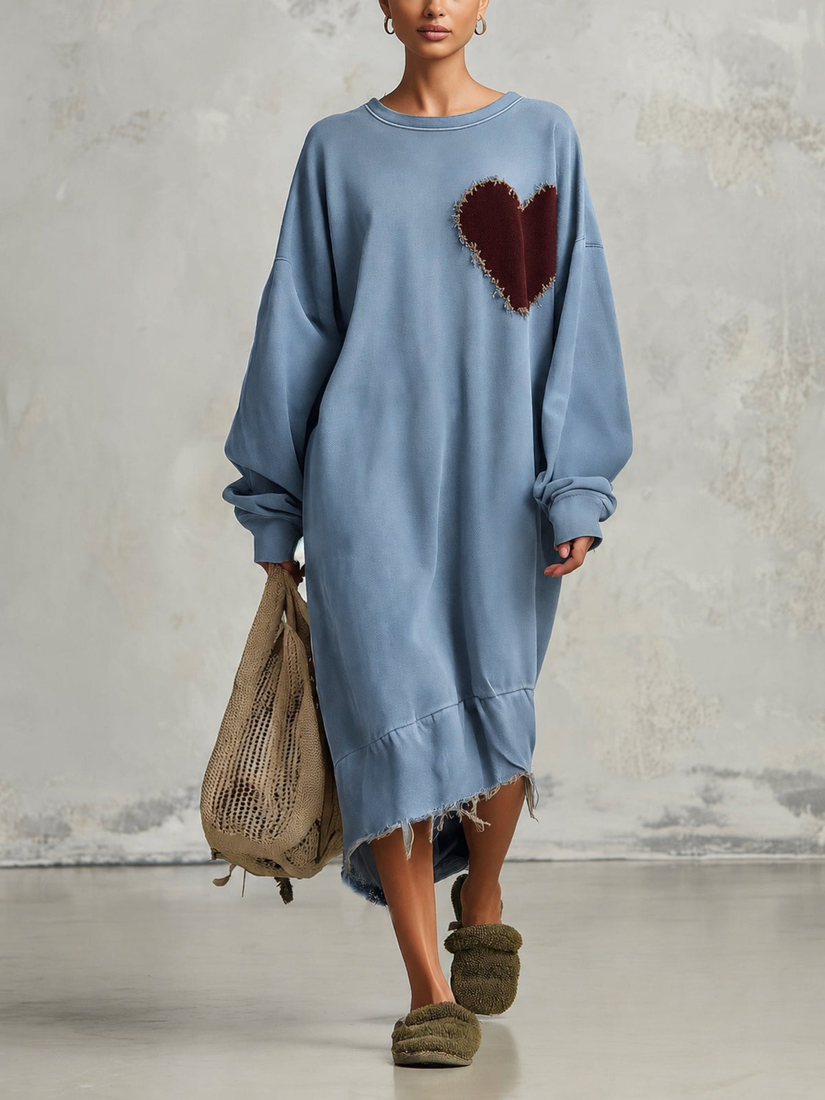 Women’s Oversized Olive Heart Patch Sweatshirt Dress – Relaxed Casual Midi Dress