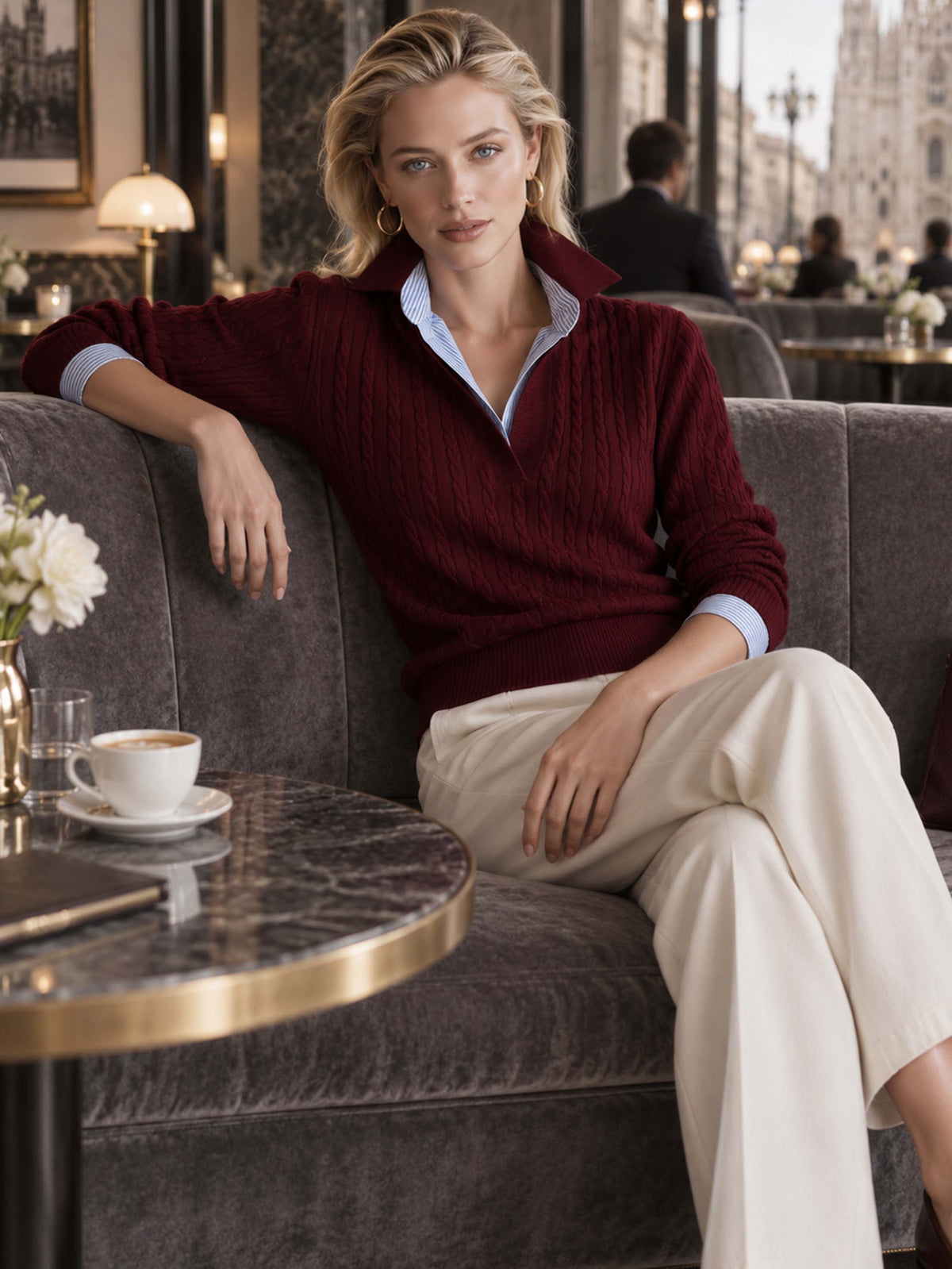 Brown Cable‑Knit Collared Fake‑Layer Pullover Sweater