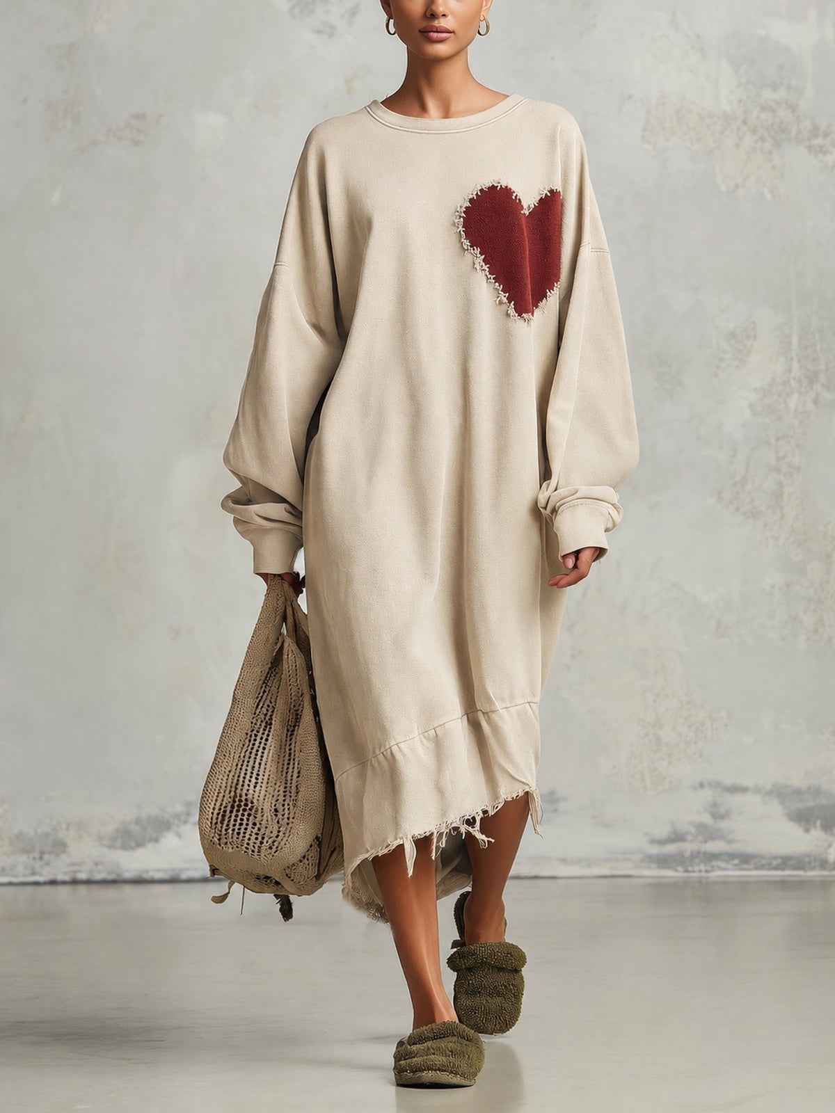 Women’s Oversized Olive Heart Patch Sweatshirt Dress – Relaxed Casual Midi Dress