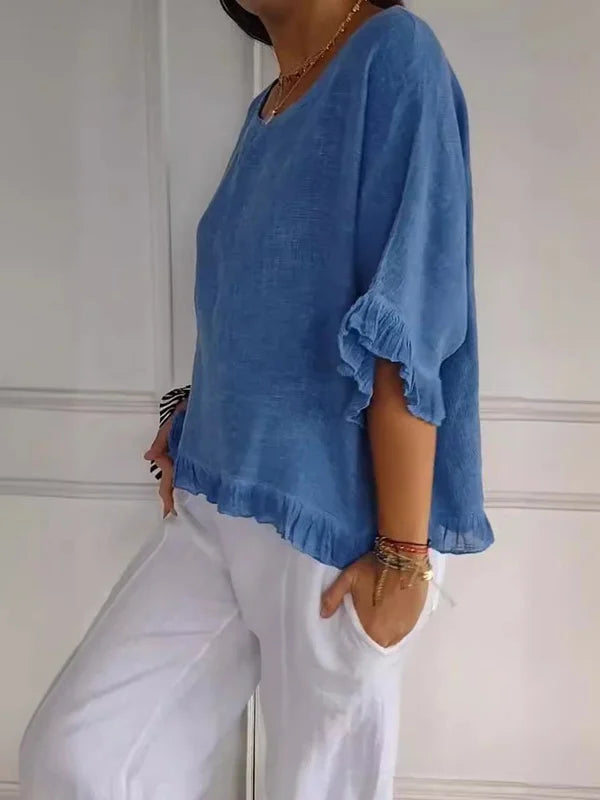 Elle | Cotton linen blouse with ruffles
