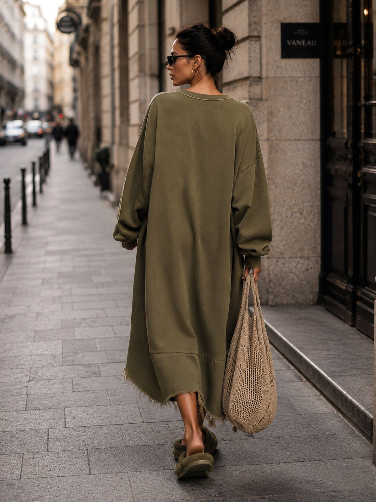 Women’s Oversized Olive Heart Patch Sweatshirt Dress – Relaxed Casual Midi Dress