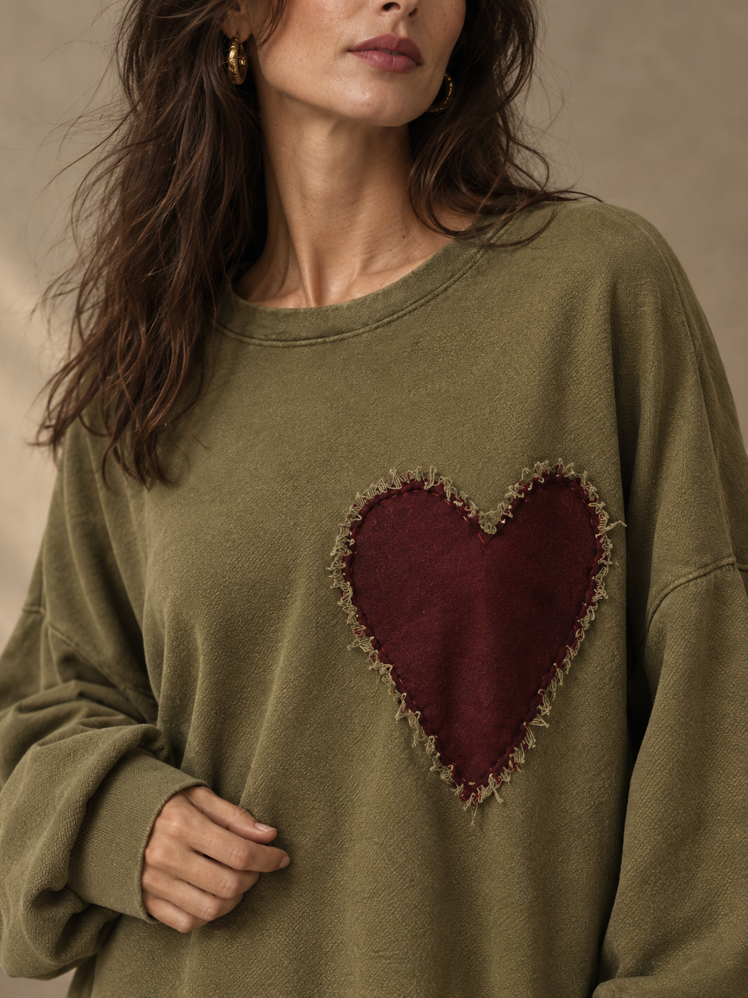 Women’s Oversized Olive Heart Patch Sweatshirt Dress – Relaxed Casual Midi Dress