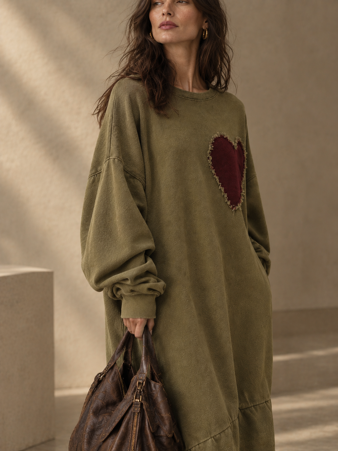 Women’s Oversized Olive Heart Patch Sweatshirt Dress – Relaxed Casual Midi Dress