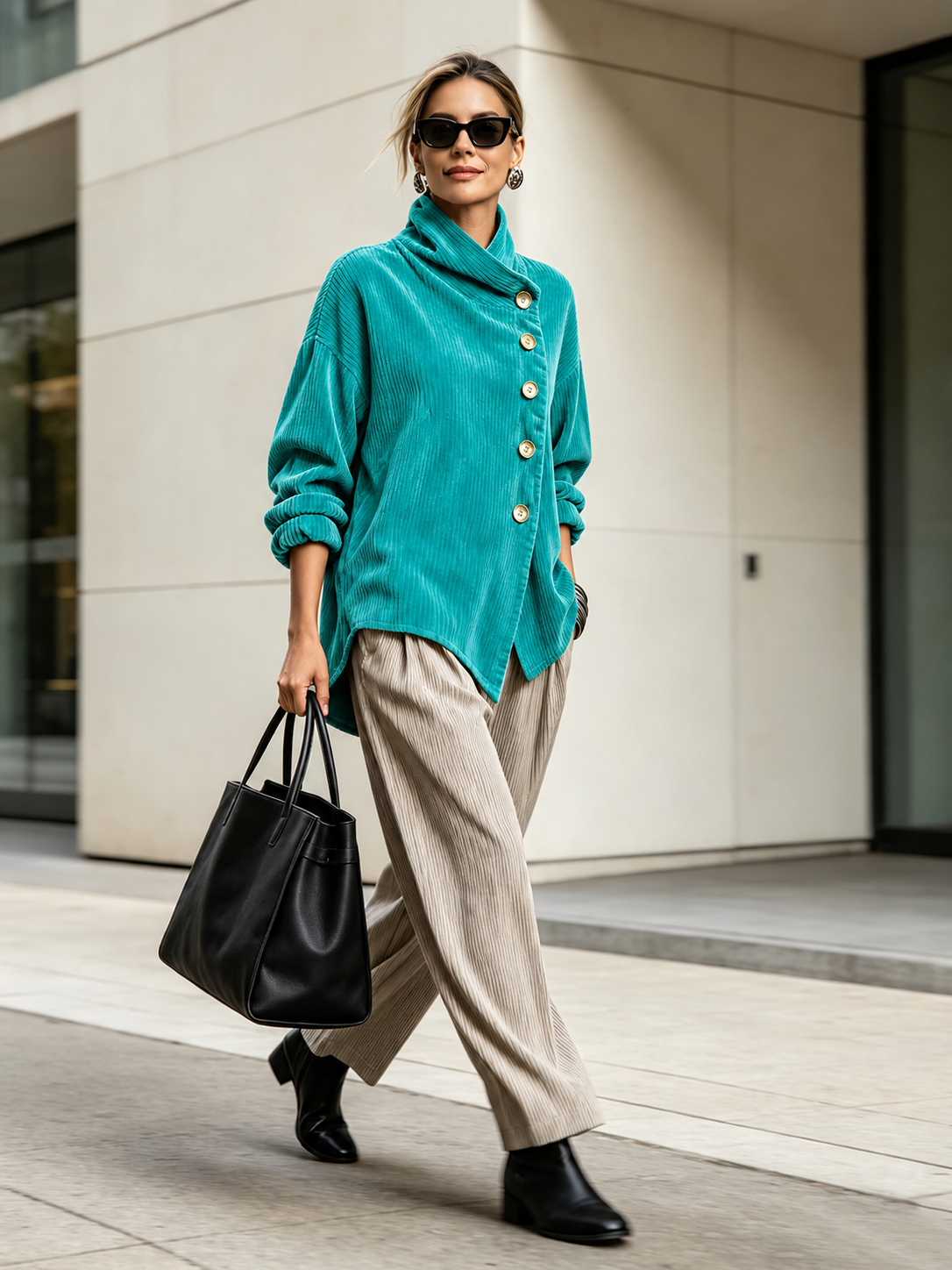 Chic High Funnel Neck Asymmetric Corduroy Top