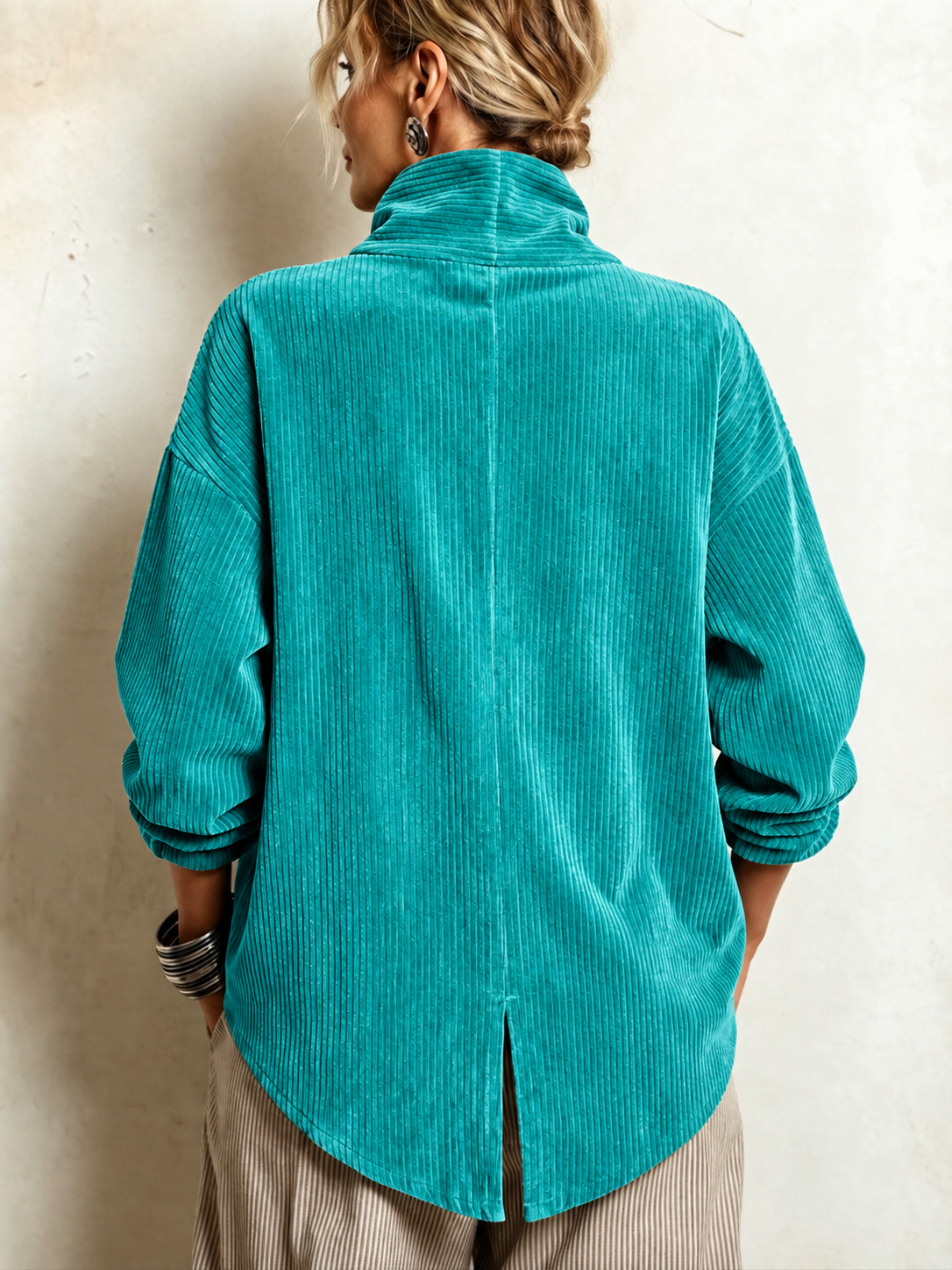 Chic High Funnel Neck Asymmetric Corduroy Top