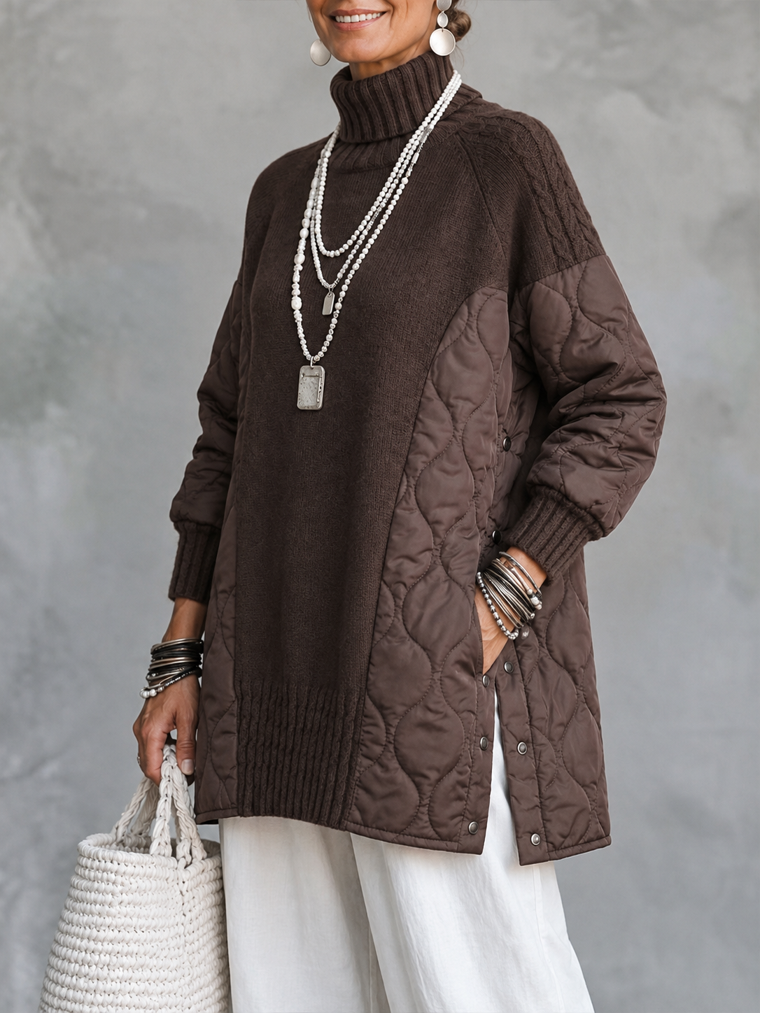 Cozy Turtleneck Quilted-Panel Knit Pullover