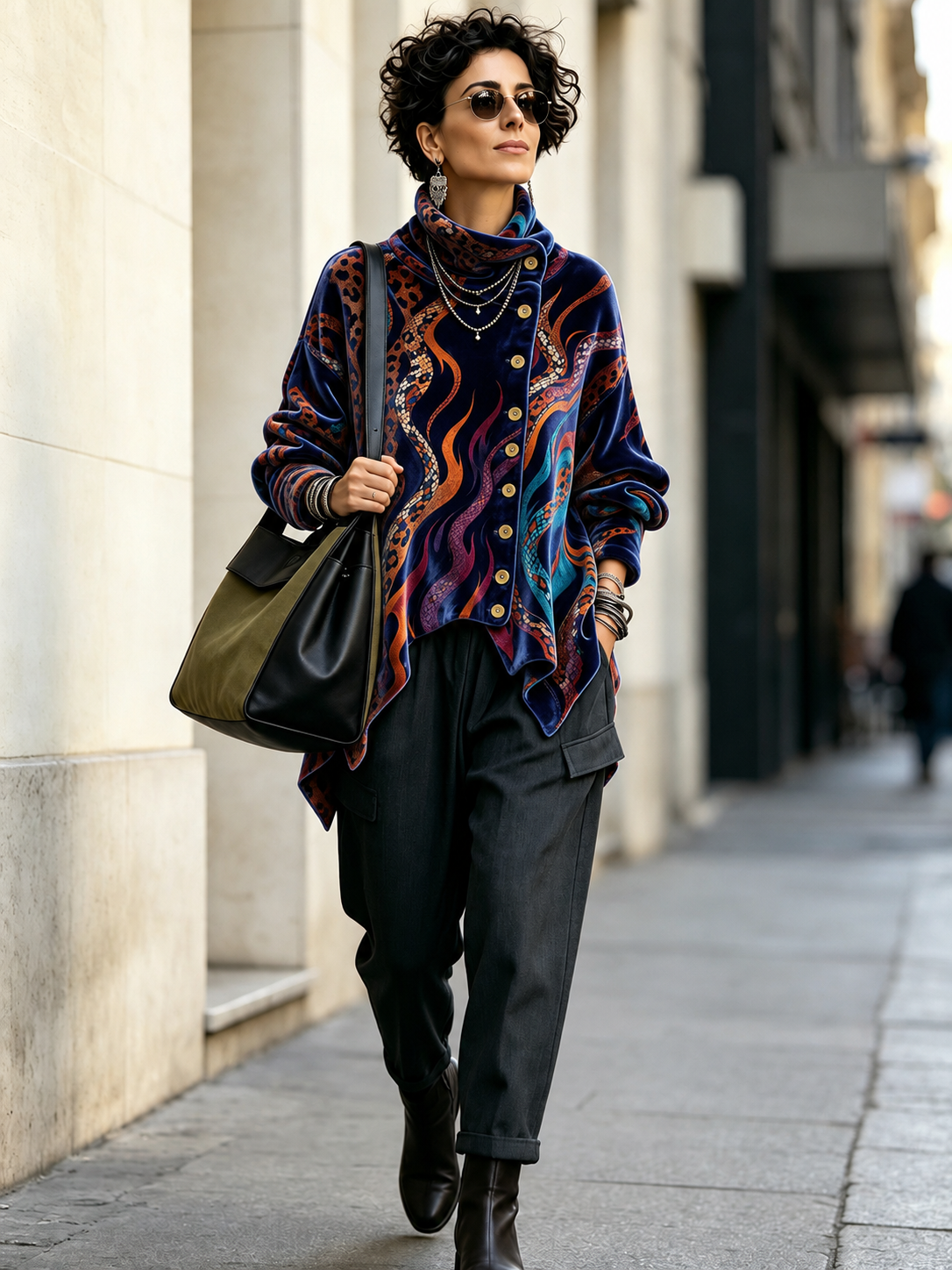 Vintage Abstract Flame And Animal Print Asymmetrical Turtleneck Top