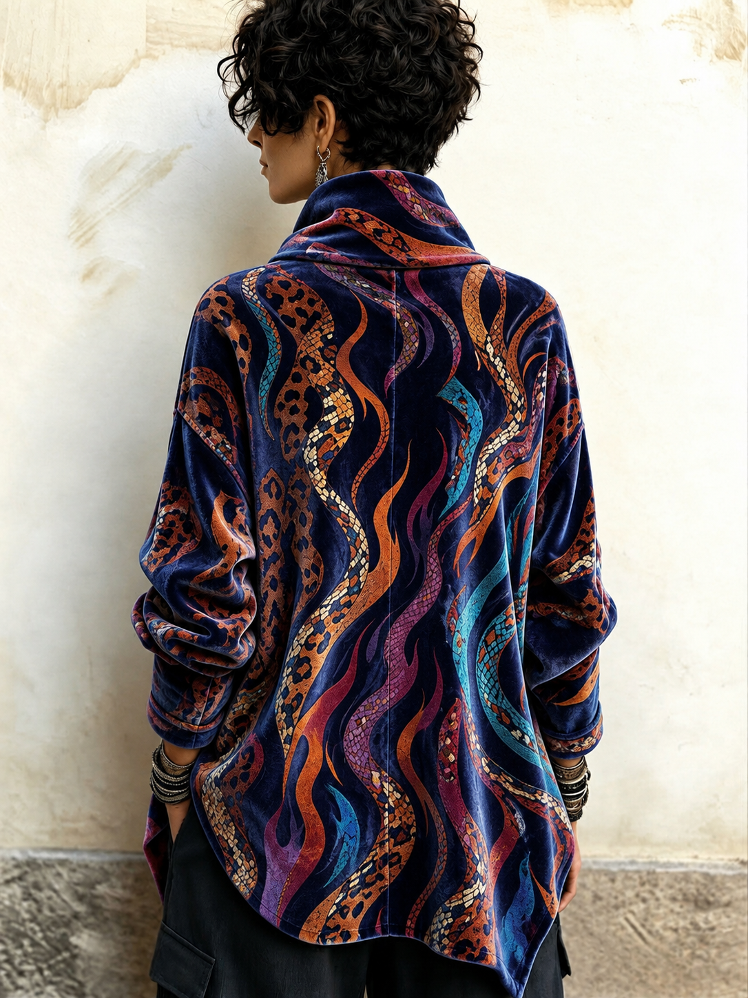 Vintage Abstract Flame And Animal Print Asymmetrical Turtleneck Top