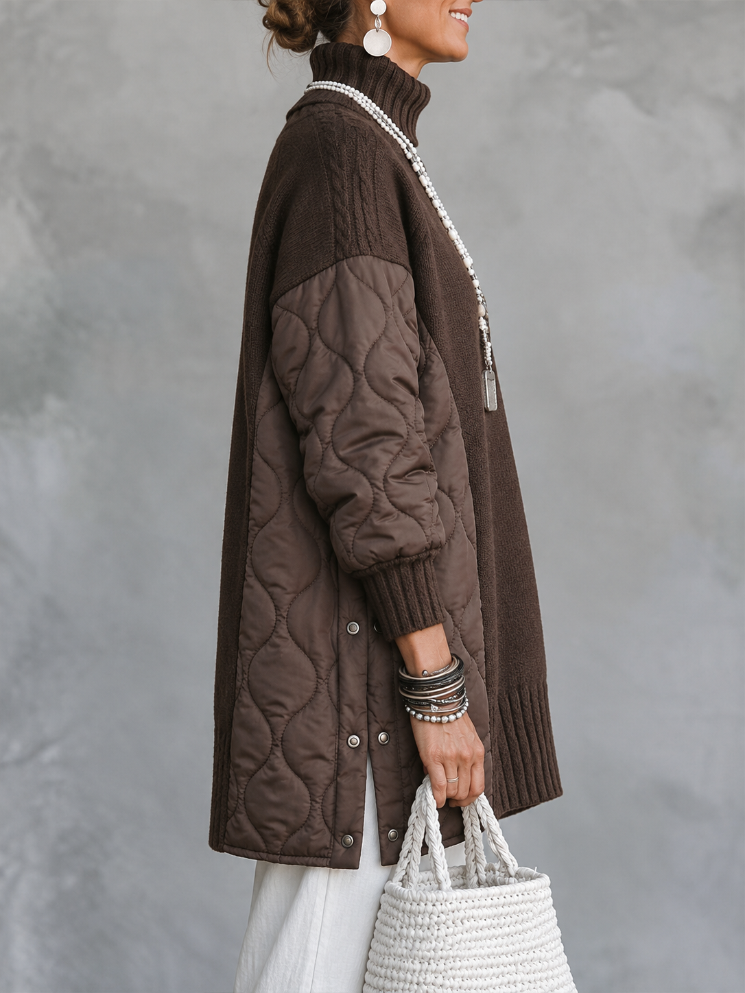 Cozy Turtleneck Quilted-Panel Knit Pullover