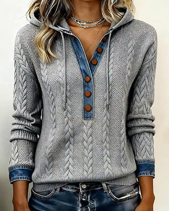 Sophie™ | Knit Hoodie with Denim Contrast