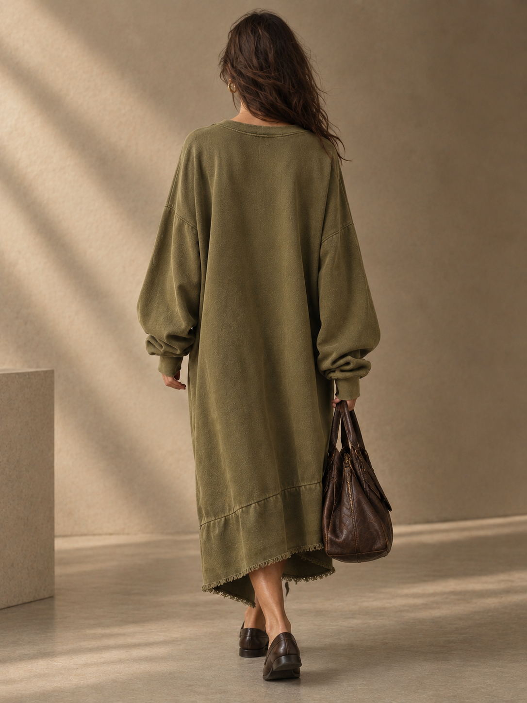 Women’s Oversized Olive Heart Patch Sweatshirt Dress – Relaxed Casual Midi Dress