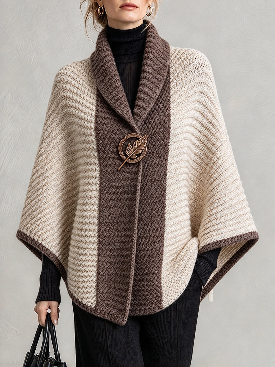 Vintage-style Elegant Color-block Chunky Knit Cape（A Random Leaf Brooch Will Be Given As A Gift.）